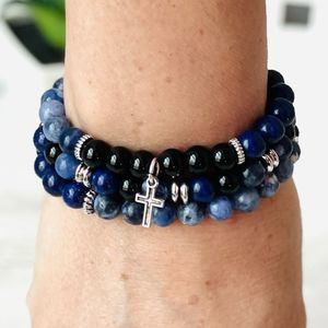3 pc Handcrafted Natural Stone Bracelet Stack Set Lapis Lazuli & Sodalite Cross